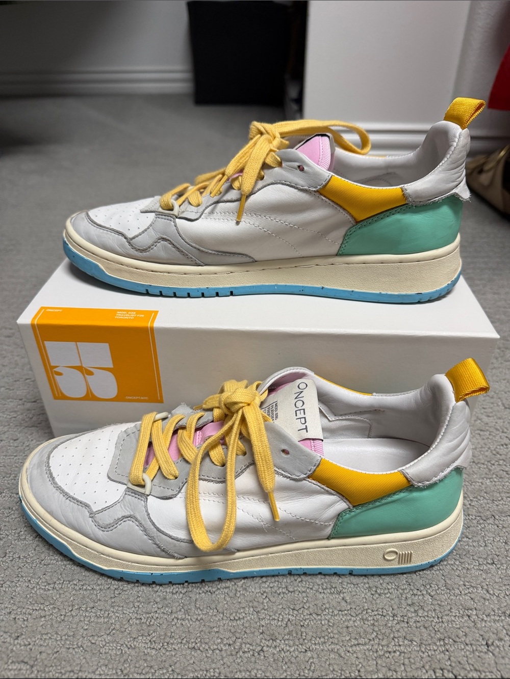 Concept Club White Leather Sneakers with Yellow Laces & Mint Heel